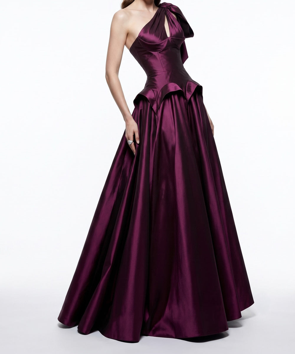 One Shoulder Bow Plum Satin Ball Gown with Peplum Waist & Full A-Line Skirt