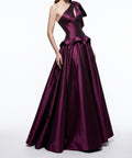 One Shoulder Bow Plum Satin Ball Gown with Peplum Waist & Full A-Line Skirt