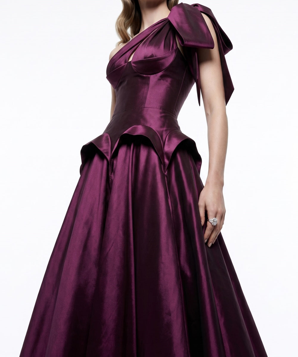 One Shoulder Bow Plum Satin Ball Gown with Peplum Waist & Full A-Line Skirt