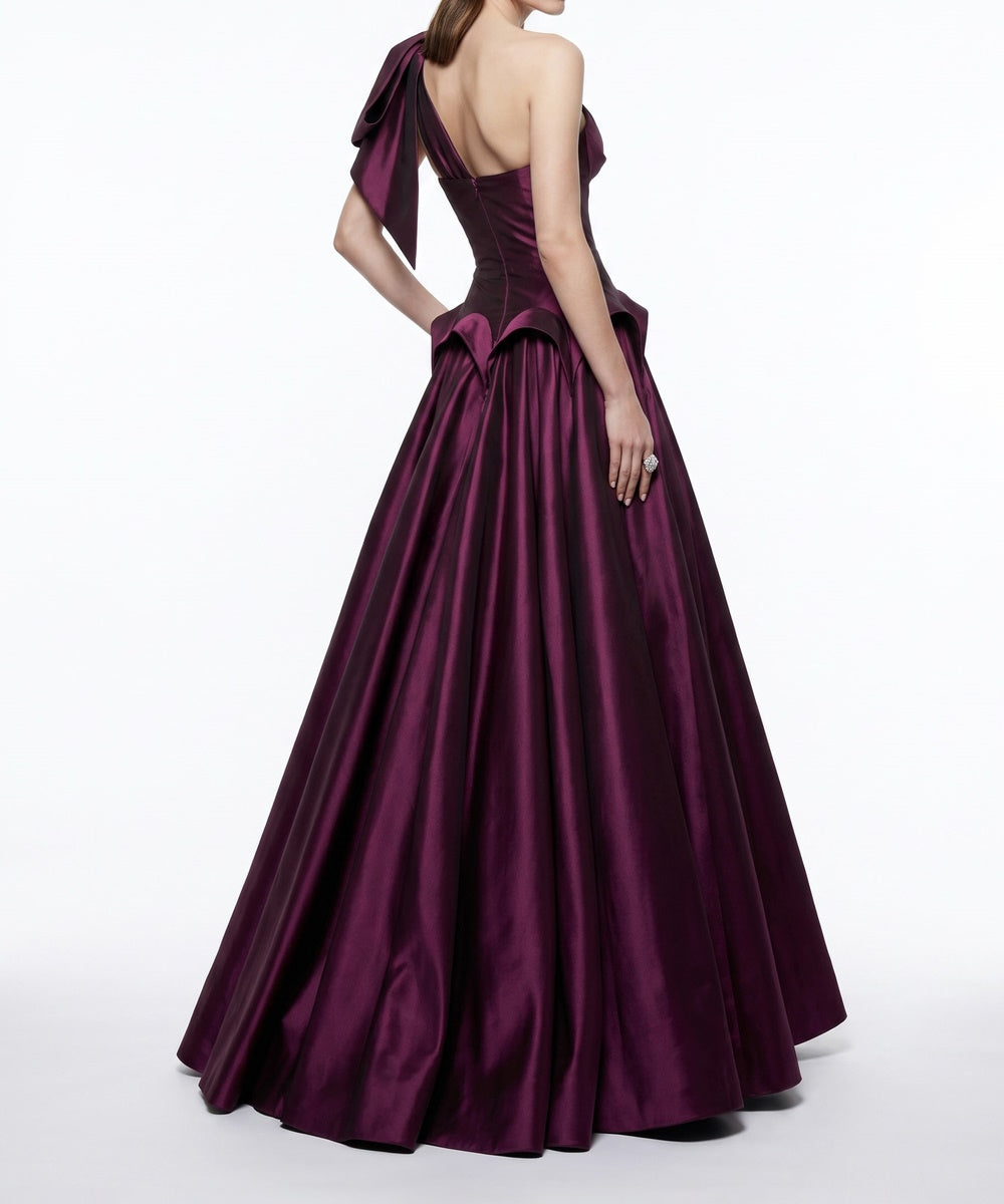 One Shoulder Bow Plum Satin Ball Gown with Peplum Waist & Full A-Line Skirt