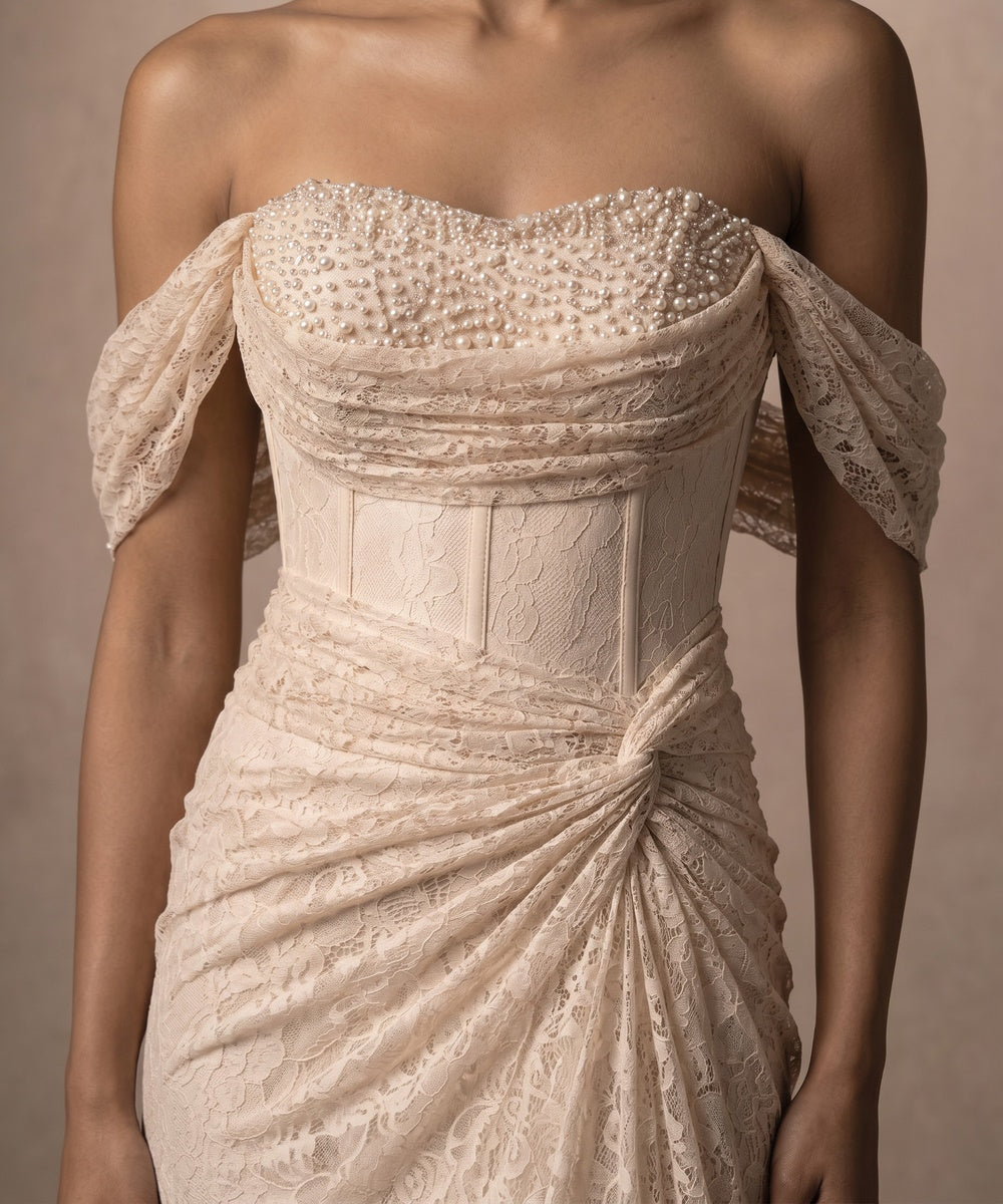 Off-Shoulder Pearl Sweetheart Corset Lace Mermaid Wedding Dress With Lace-Up Back