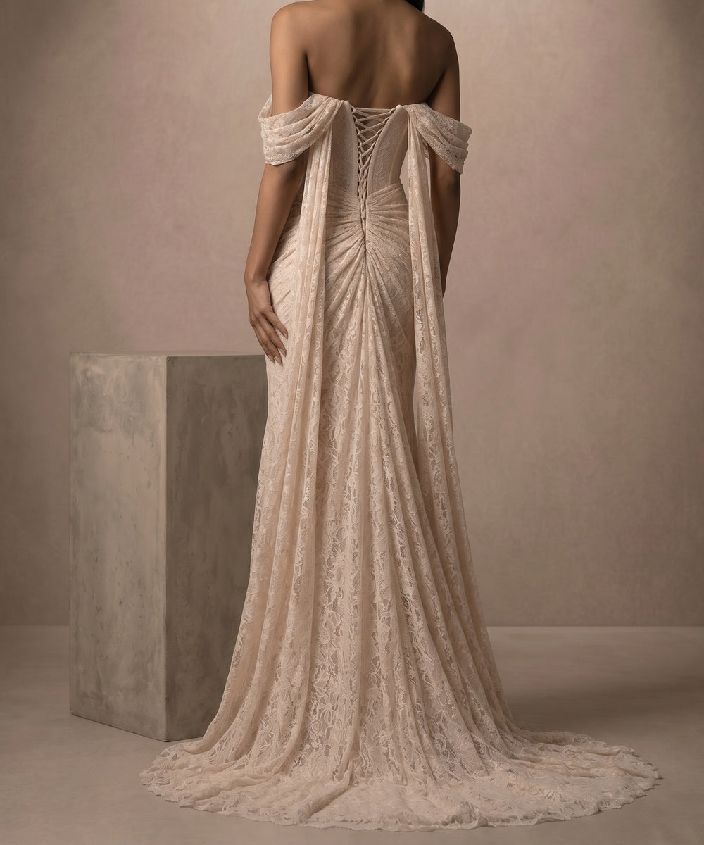 Off-Shoulder Pearl Sweetheart Corset Lace Mermaid Wedding Dress With Lace-Up Back