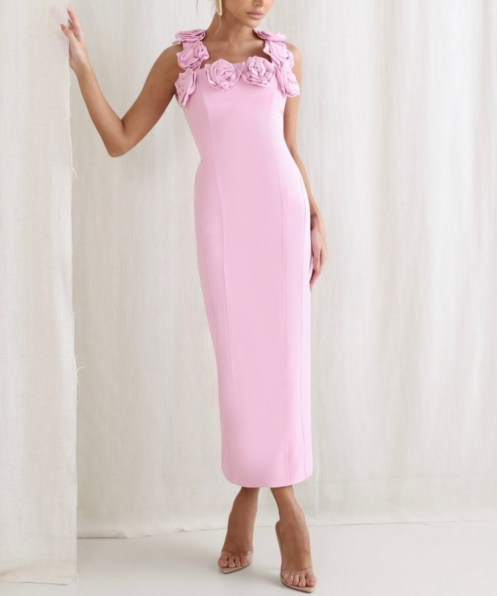 3D Rose Floral Strap Bodycon Midi Dress With Back Split