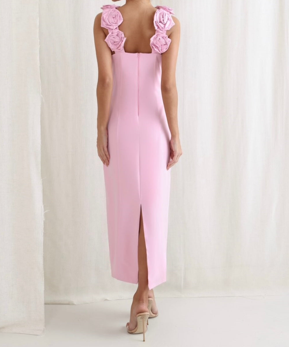3D Rose Floral Strap Bodycon Midi Dress With Back Split