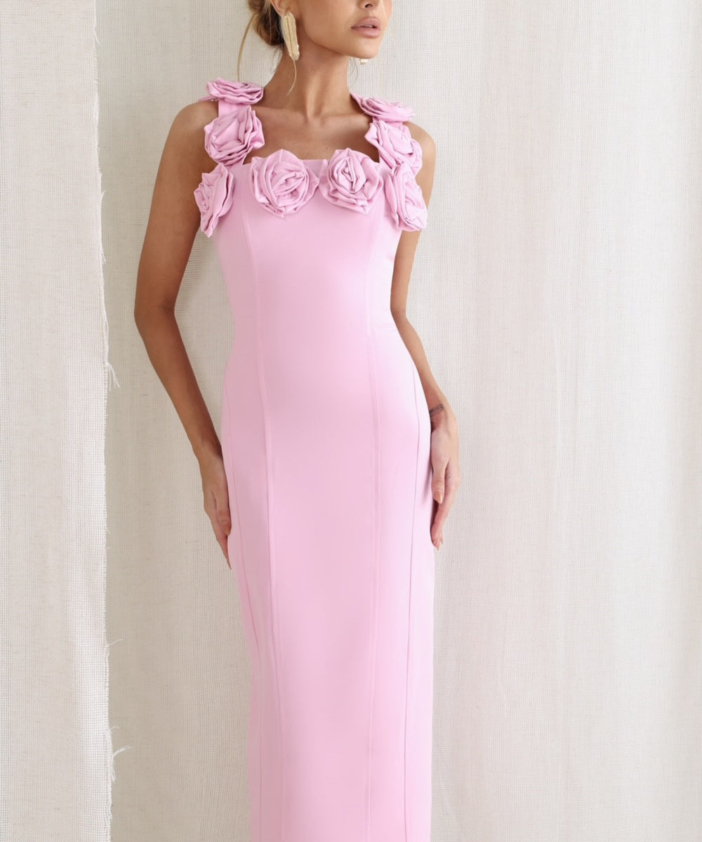 3D Rose Floral Strap Bodycon Midi Dress With Back Split