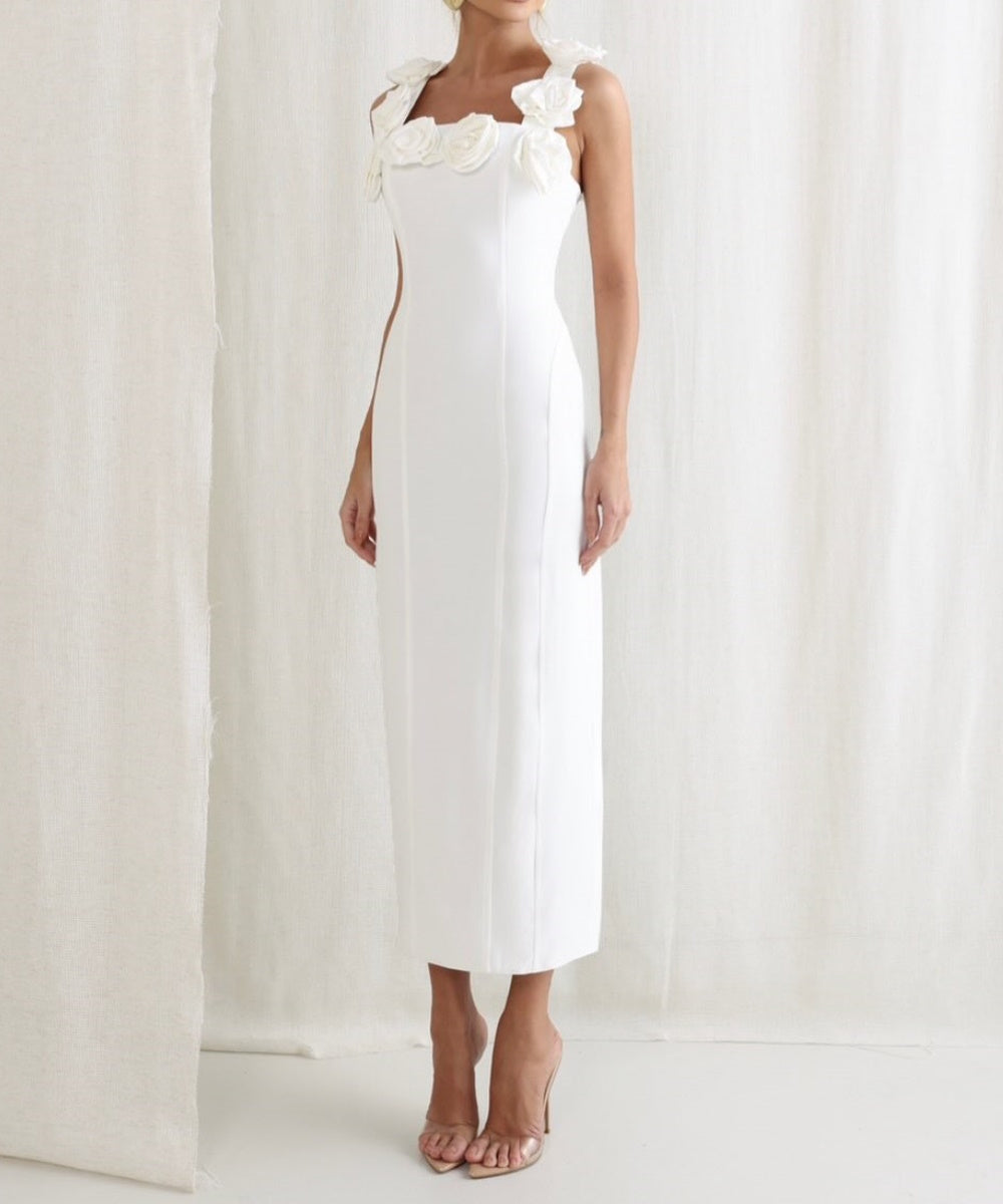 3D Rose Floral Strap Bodycon Midi Dress With Back Split