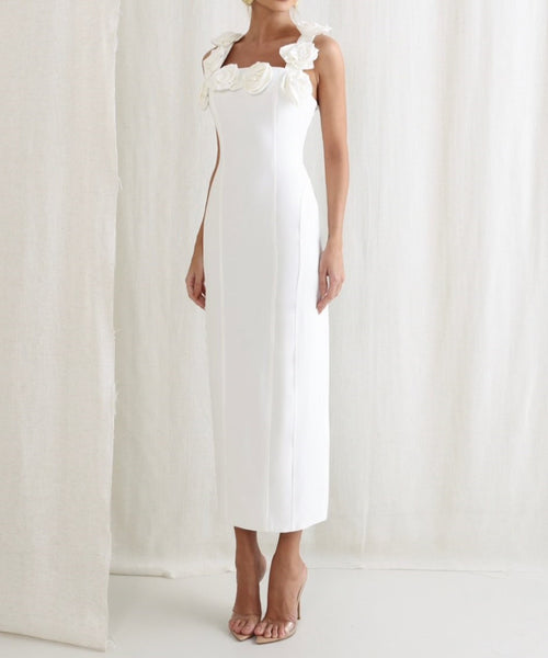 3D Rose Floral Strap Bodycon Midi Dress With Back Split