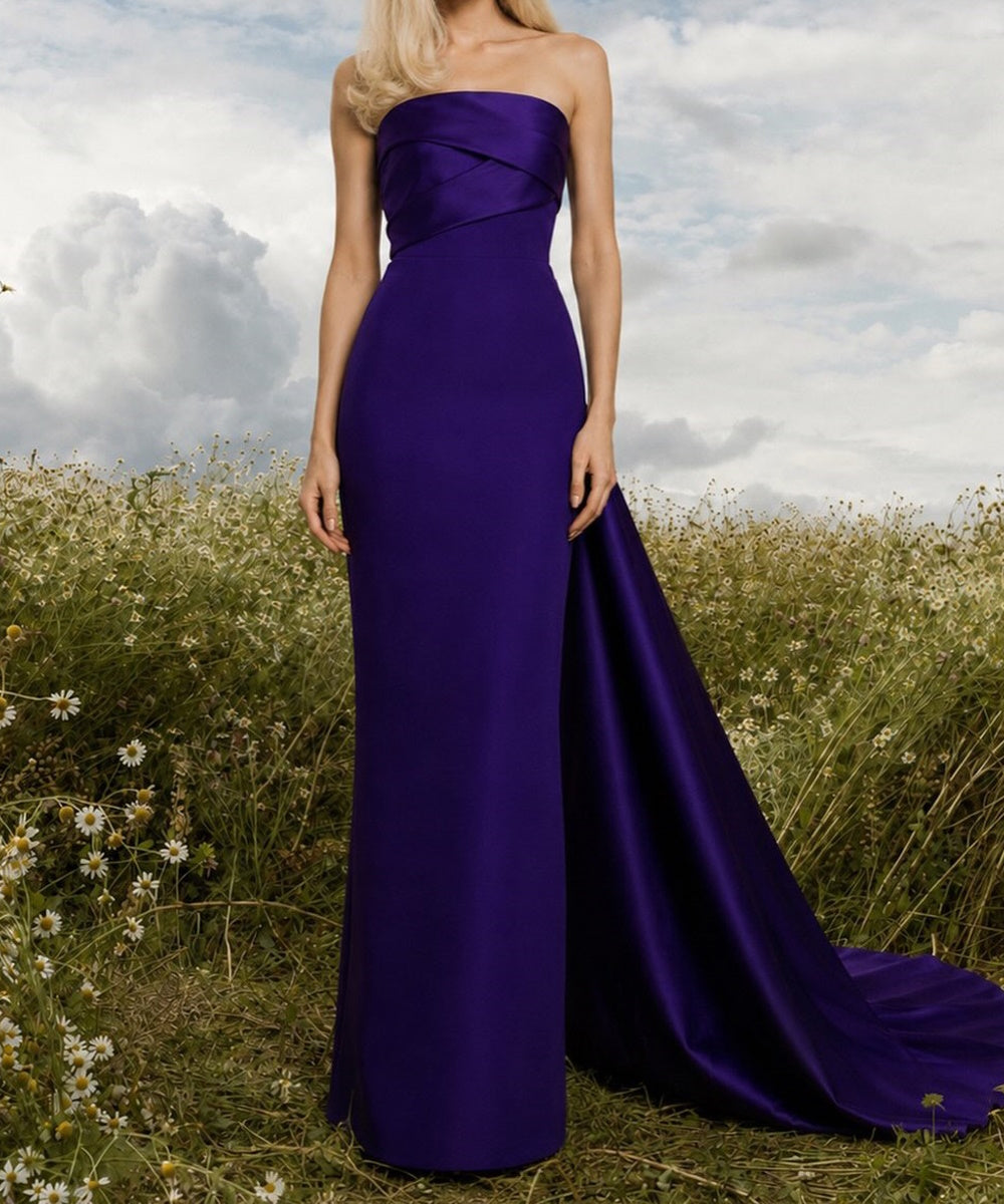 Strapless Crisscross Purple Satin Mermaid Evening Gown With Side Train & Slit
