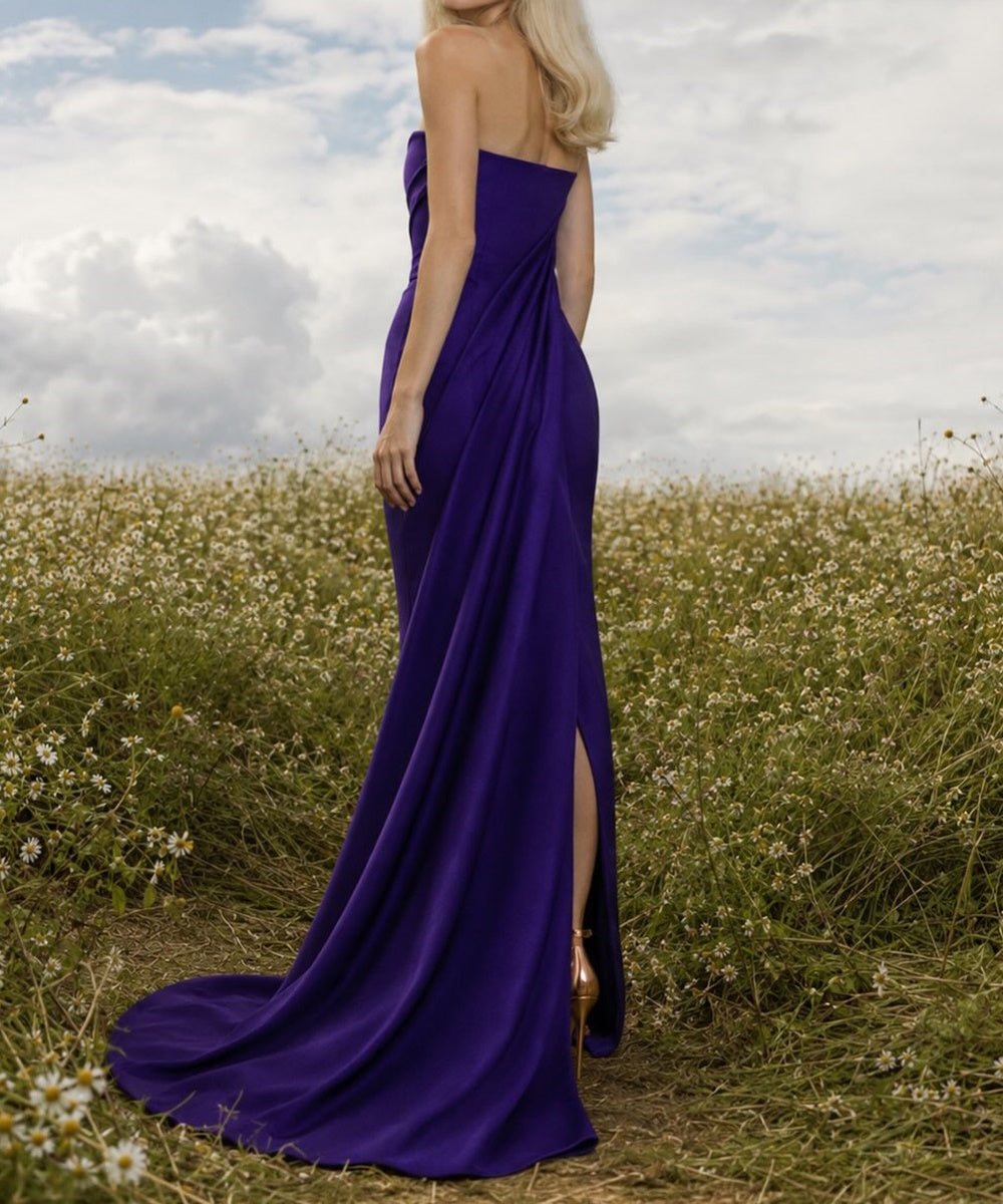 Strapless Crisscross Purple Satin Mermaid Evening Gown With Side Train & Slit