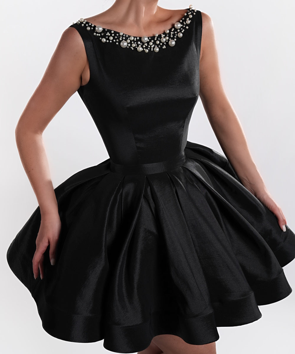 Sleeveless Pearl Neck Black Satin Mini Cocktail Dress With Voluminous Skirt