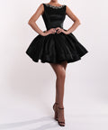 Sleeveless Pearl Neck Black Satin Mini Cocktail Dress With Voluminous Skirt