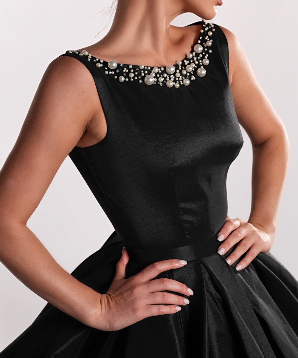 Sleeveless Pearl Neck Black Satin Mini Cocktail Dress With Voluminous Skirt
