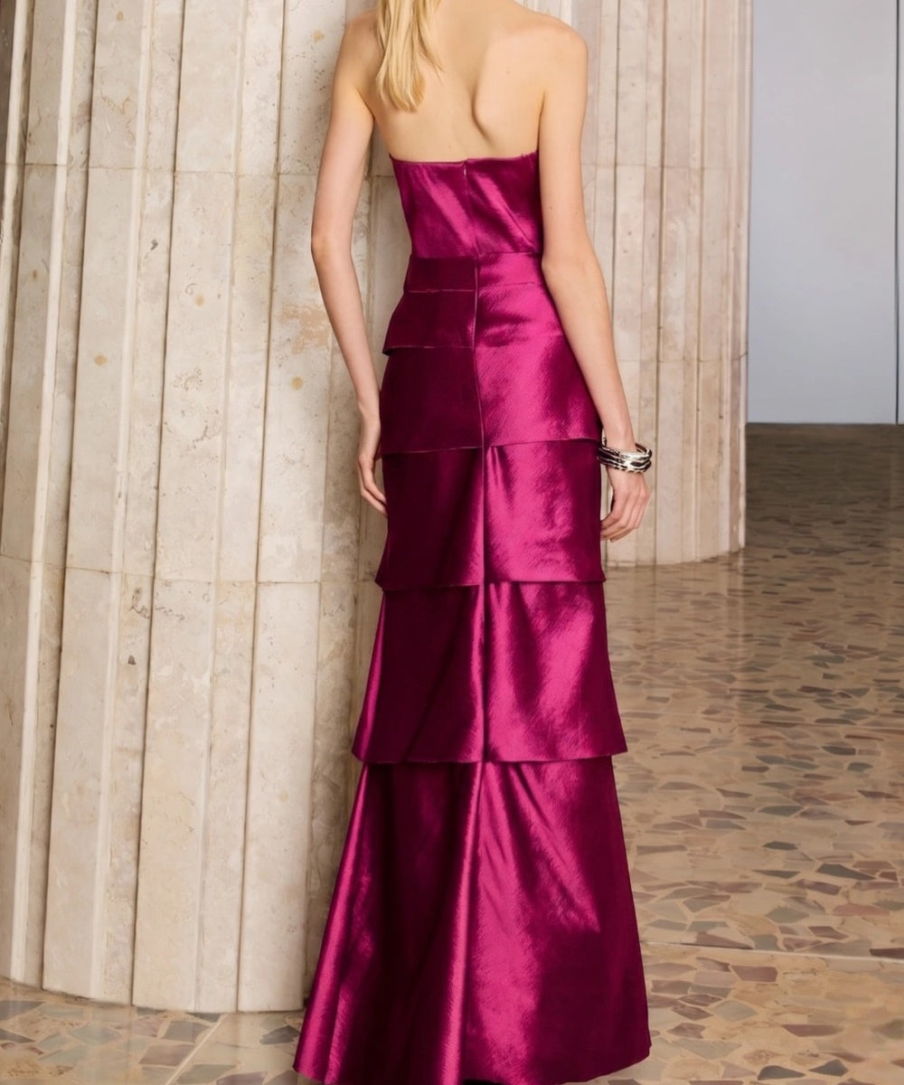 Strapless Fuchsia Glossy Satin Tiered Mermaid Maxi Evening Dress