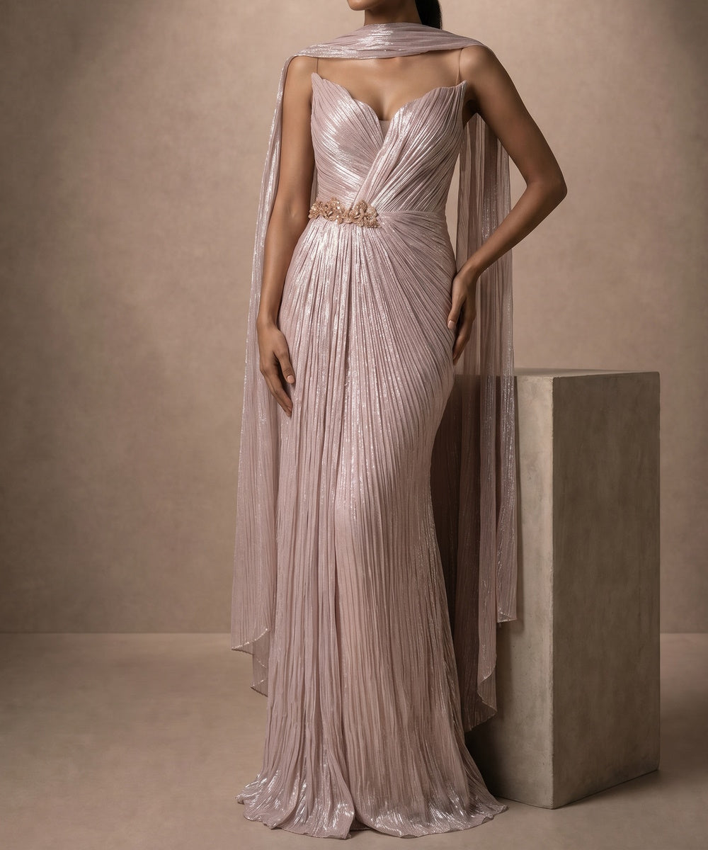 Metallic Dusty Pink Pleated Sweetheart Mermaid Gown With Cape Shawl & Beaded Waist Belt