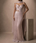 Metallic Dusty Pink Pleated Sweetheart Mermaid Gown With Cape Shawl & Beaded Waist Belt