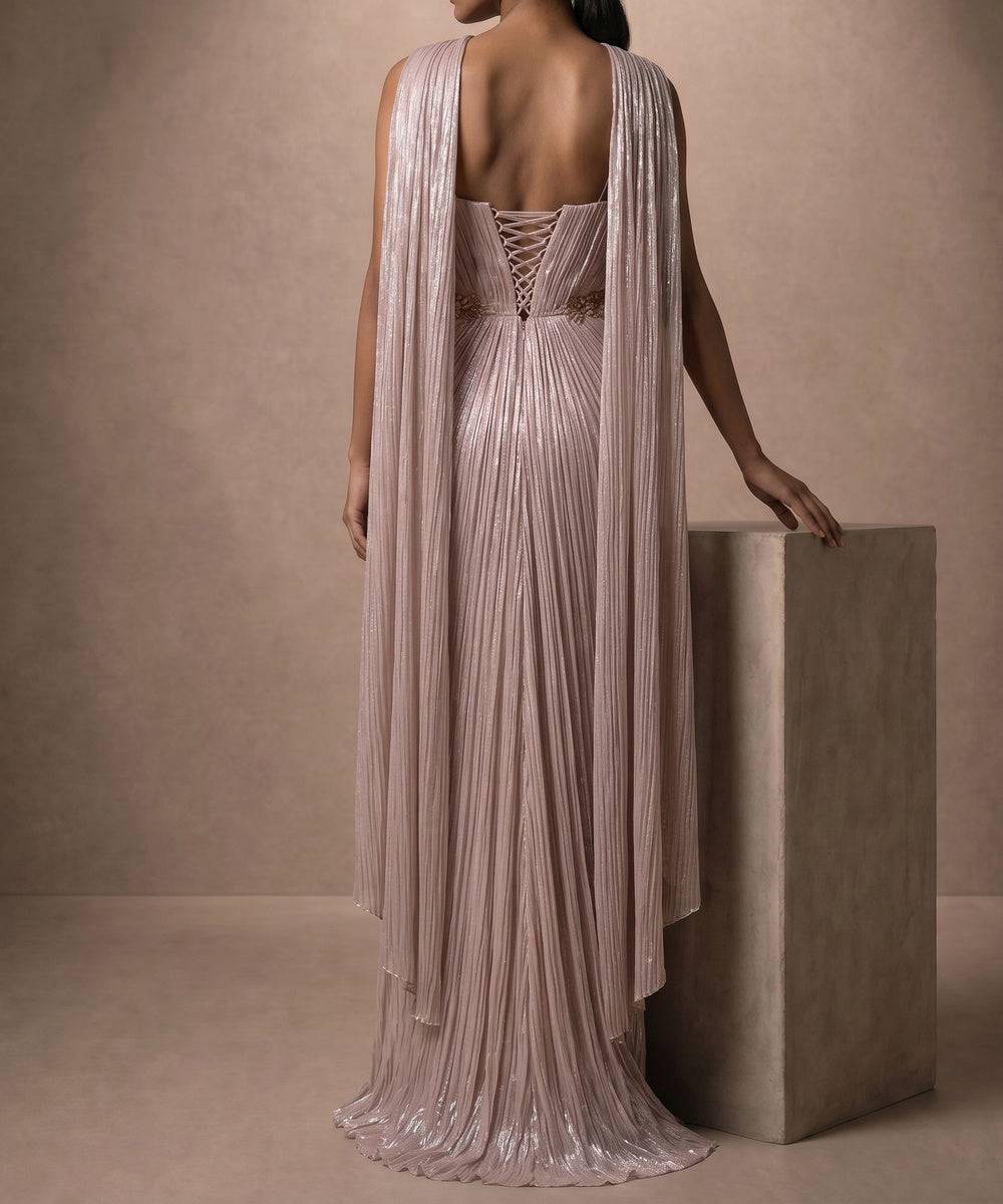 Metallic Dusty Pink Pleated Sweetheart Mermaid Gown With Cape Shawl & Beaded Waist Belt