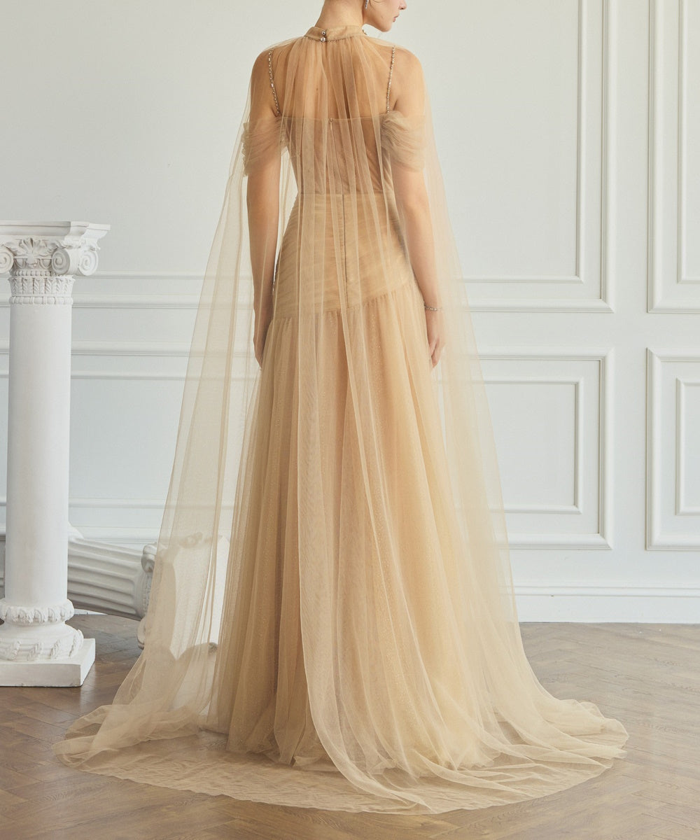 Off-Shoulder Rhinestone Spaghetti Strap Glitter Tulle Evening Gown With Cape Train