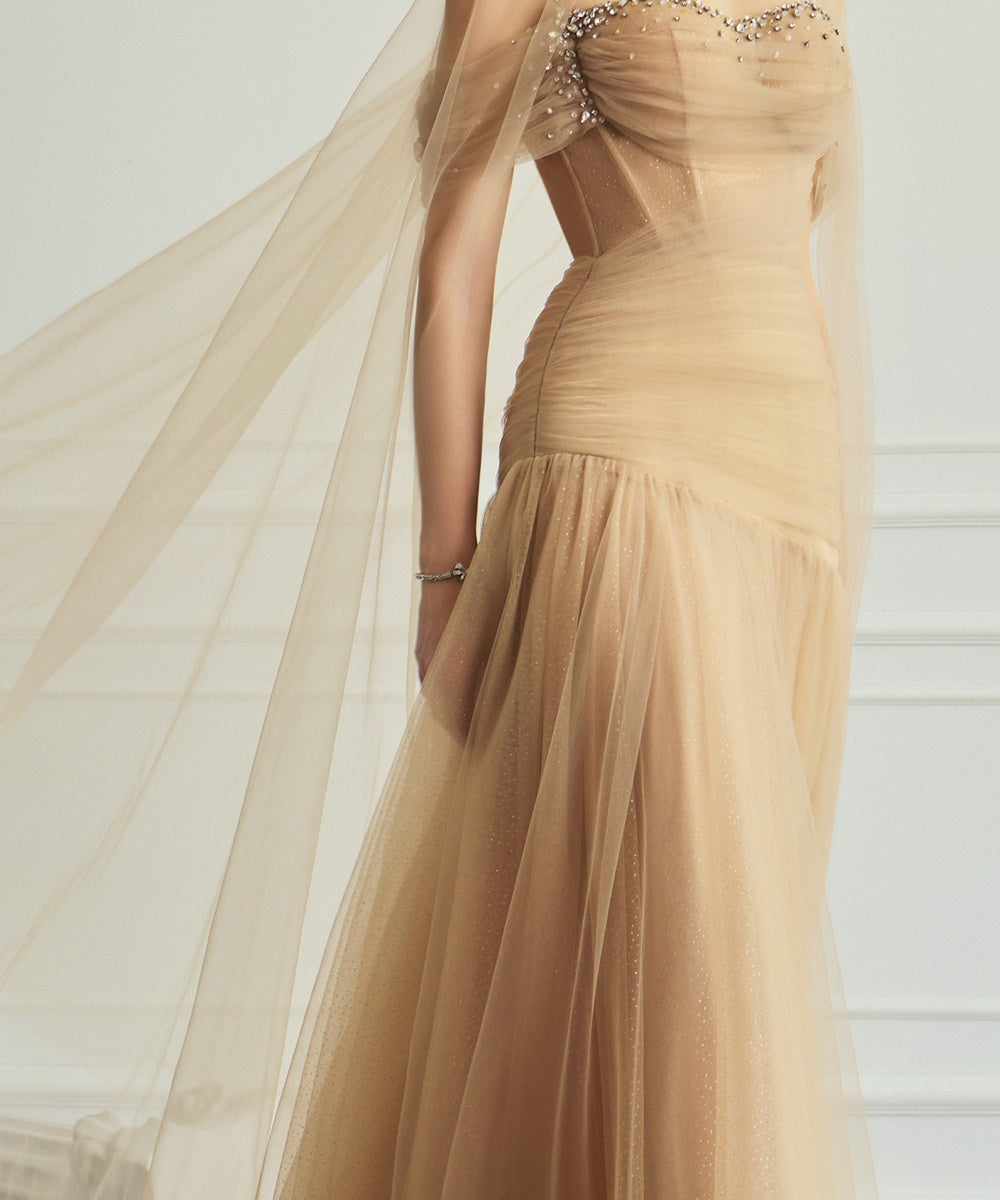 Off-Shoulder Rhinestone Spaghetti Strap Glitter Tulle Evening Gown With Cape Train