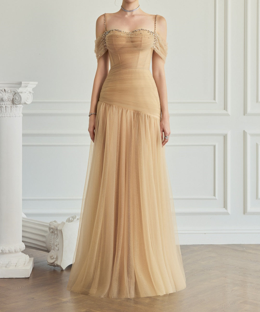 Off-Shoulder Rhinestone Spaghetti Strap Glitter Tulle Evening Gown With Cape Train