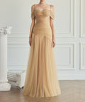 Off-Shoulder Rhinestone Spaghetti Strap Glitter Tulle Evening Gown With Cape Train