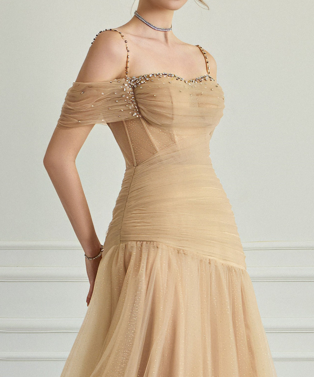 Off-Shoulder Rhinestone Spaghetti Strap Glitter Tulle Evening Gown With Cape Train