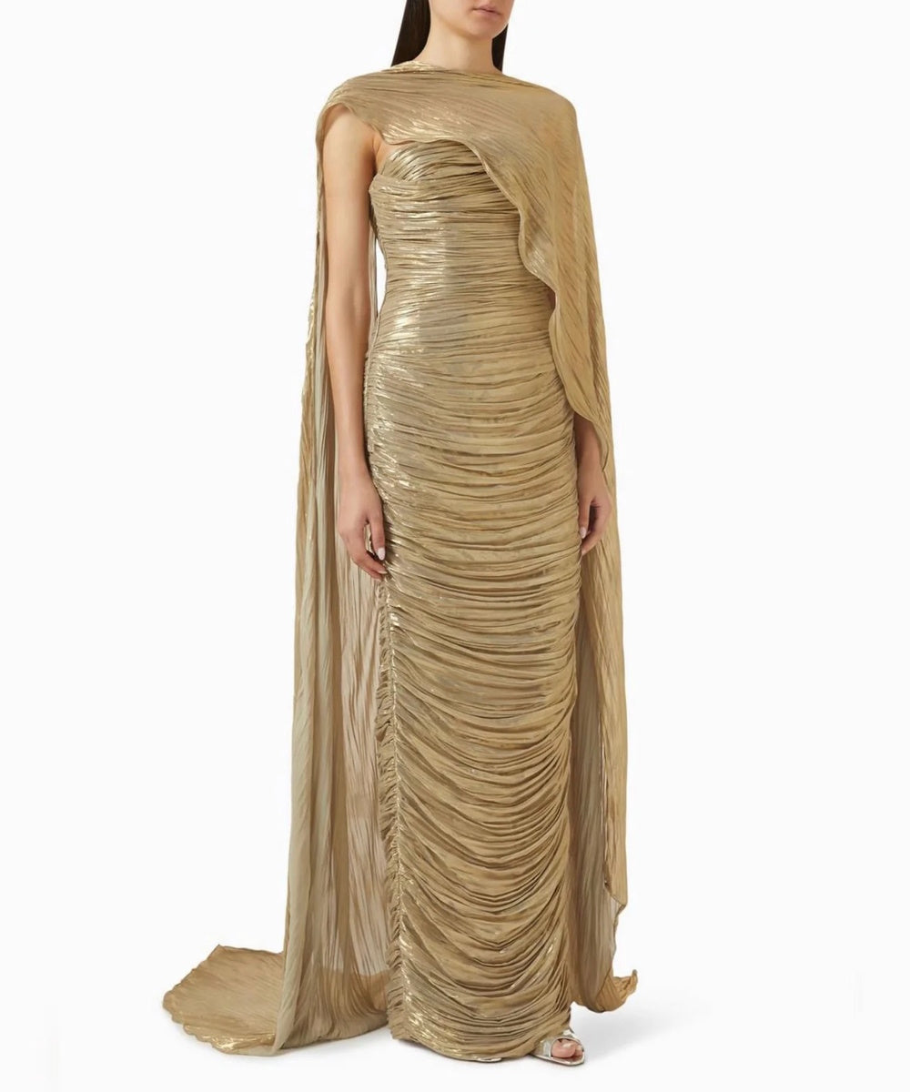 Metallic Gold Ruched Bodycon Cape Sleeve Back Slit Floor-Length Evening Gown