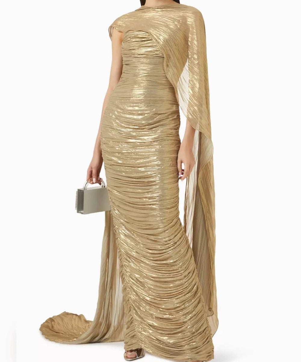 Metallic Gold Ruched Bodycon Cape Sleeve Back Slit Floor-Length Evening Gown