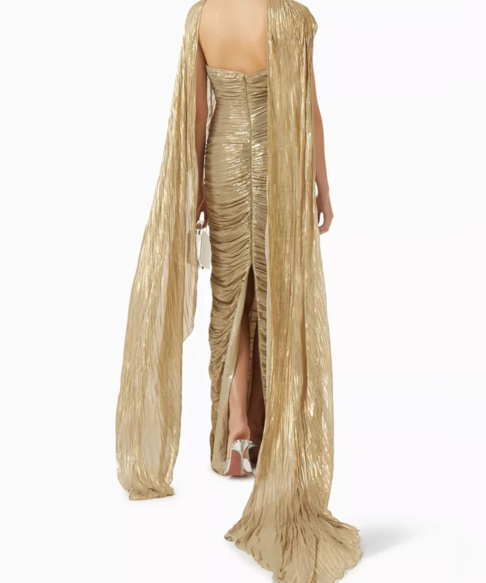 Metallic Gold Ruched Bodycon Cape Sleeve Back Slit Floor-Length Evening Gown
