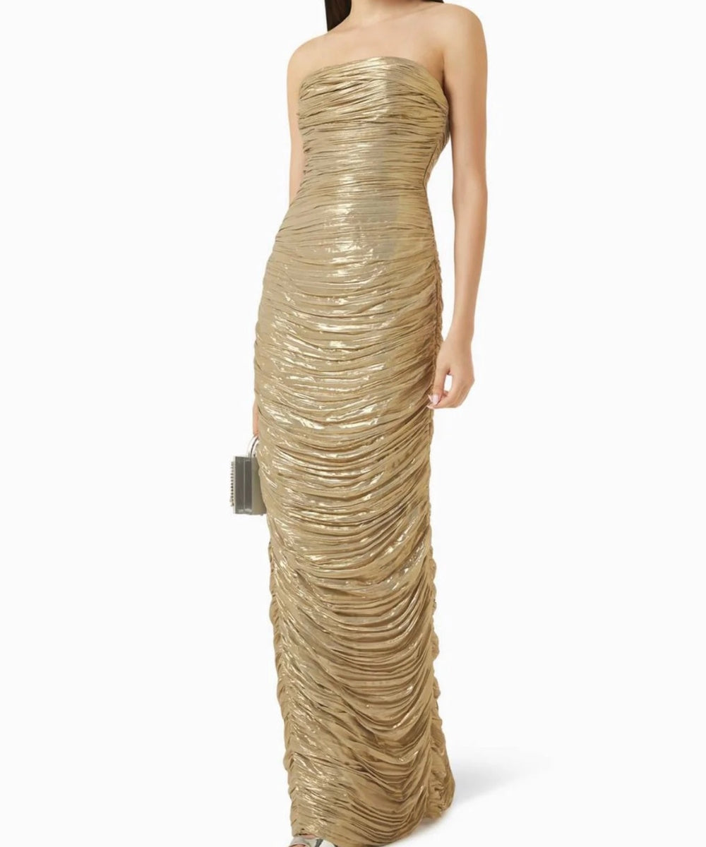 Metallic Gold Ruched Bodycon Cape Sleeve Back Slit Floor-Length Evening Gown