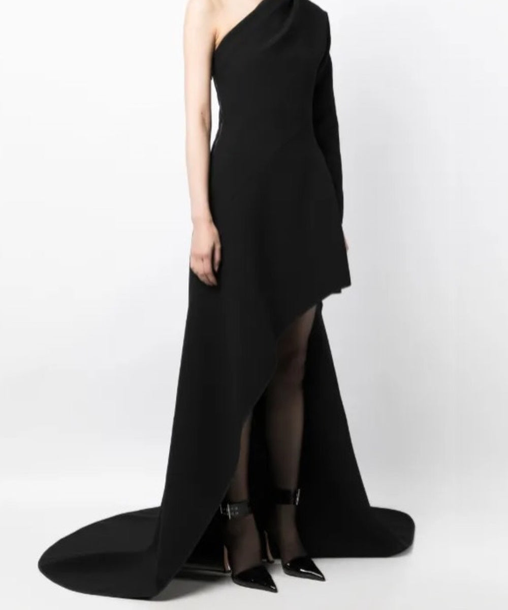 One Shoulder Long Sleeve Asymmetric High Slit Black Formal Gown With Floor Train