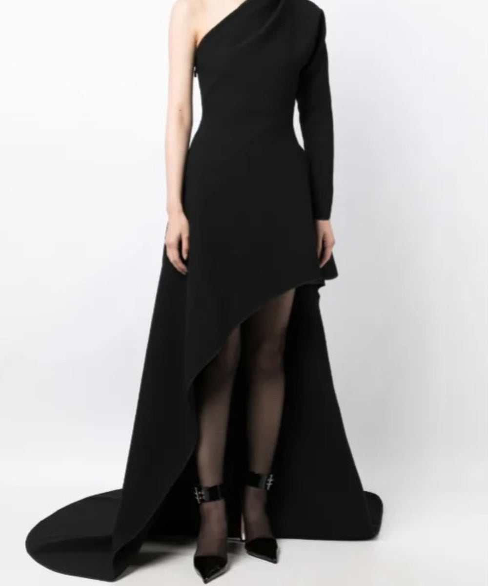 One Shoulder Long Sleeve Asymmetric High Slit Black Formal Gown With Floor Train