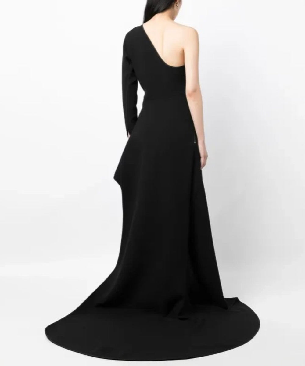 One Shoulder Long Sleeve Asymmetric High Slit Black Formal Gown With Floor Train