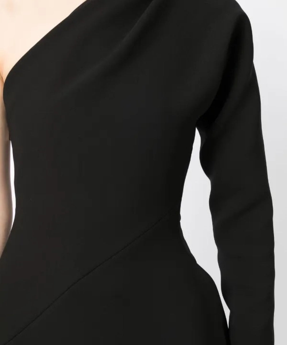One Shoulder Long Sleeve Asymmetric High Slit Black Formal Gown With Floor Train