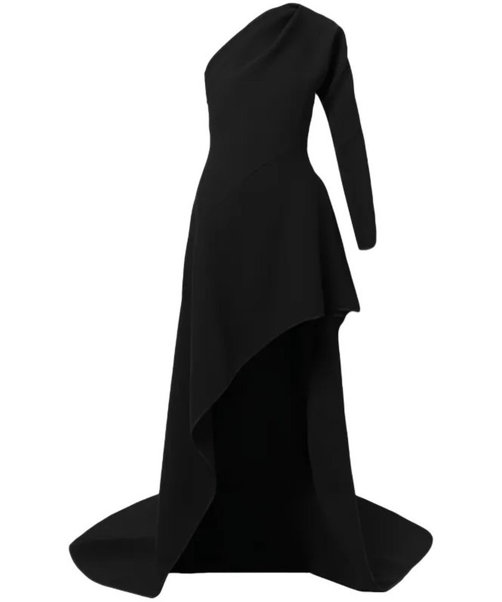 One Shoulder Long Sleeve Asymmetric High Slit Black Formal Gown With Floor Train