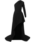 One Shoulder Long Sleeve Asymmetric High Slit Black Formal Gown With Floor Train