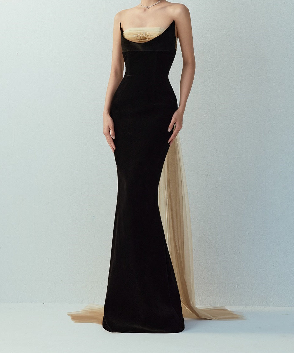 Strapless Black Velvet Mermaid Evening Gown with Champagne Tulle & Beaded Detail