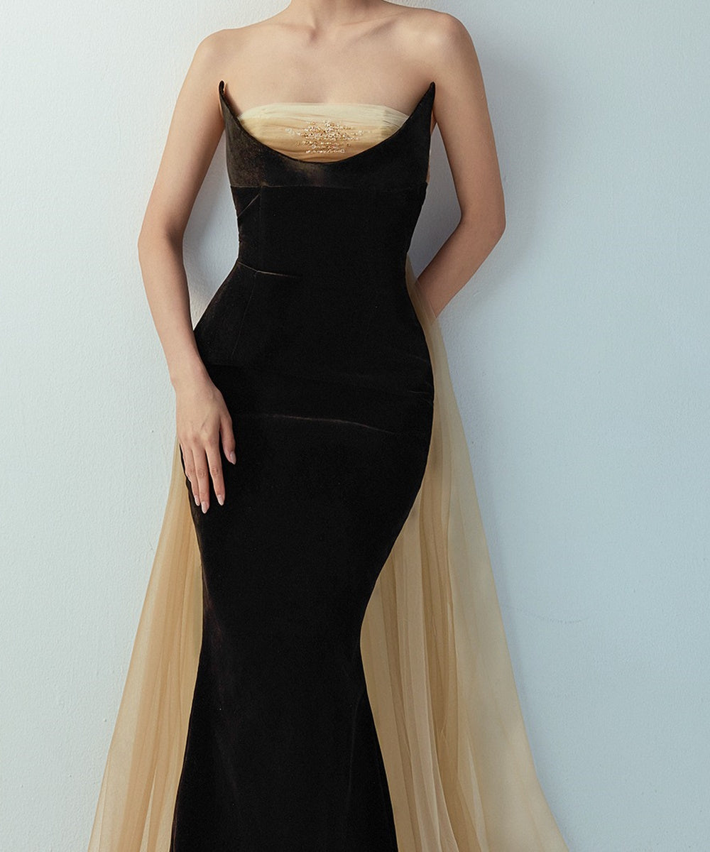 Strapless Black Velvet Mermaid Evening Gown with Champagne Tulle & Beaded Detail