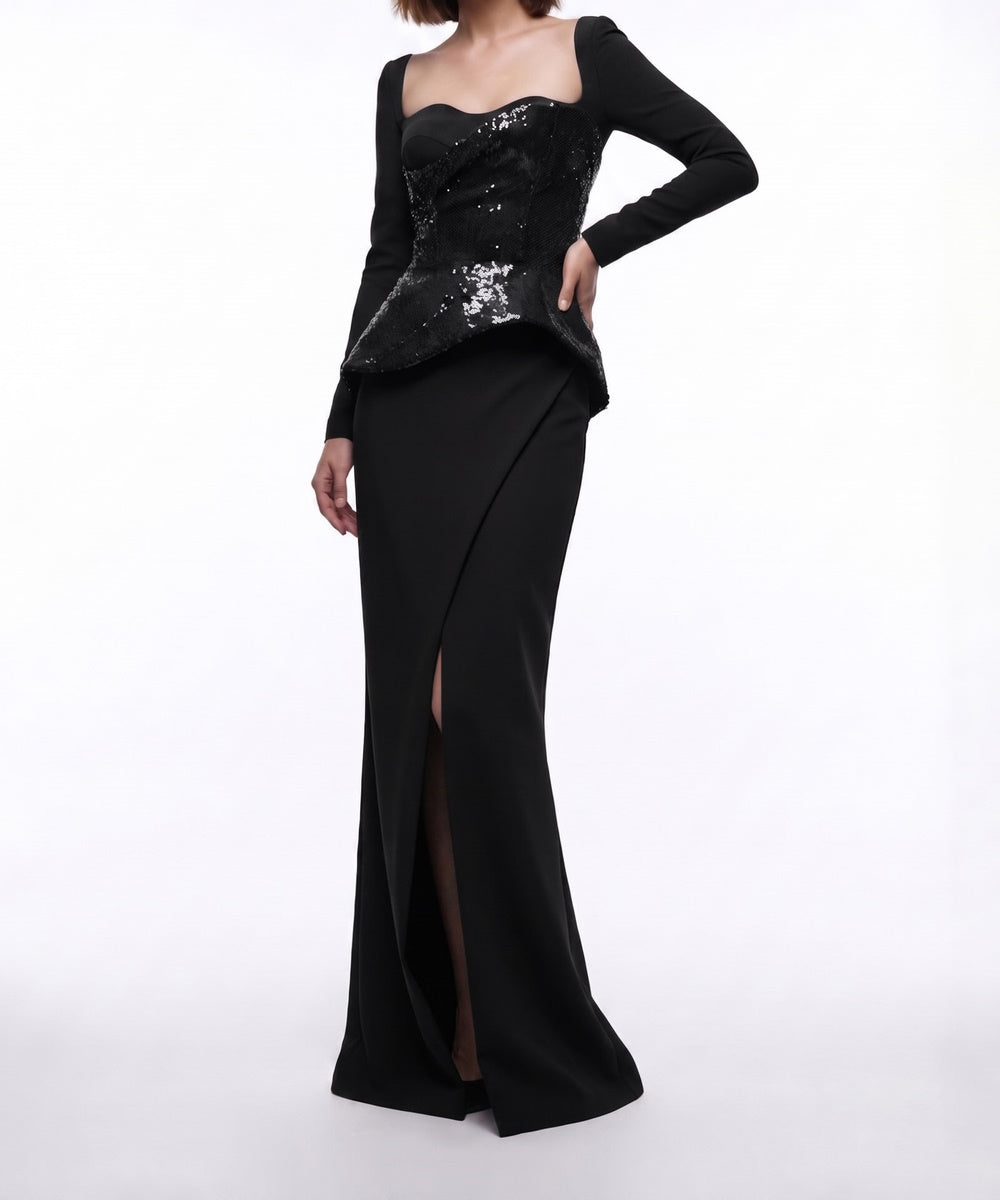 Long Sleeve Black Sequin Peplum Mermaid Evening Dress with High Slit