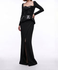 Long Sleeve Black Sequin Peplum Mermaid Evening Dress with High Slit