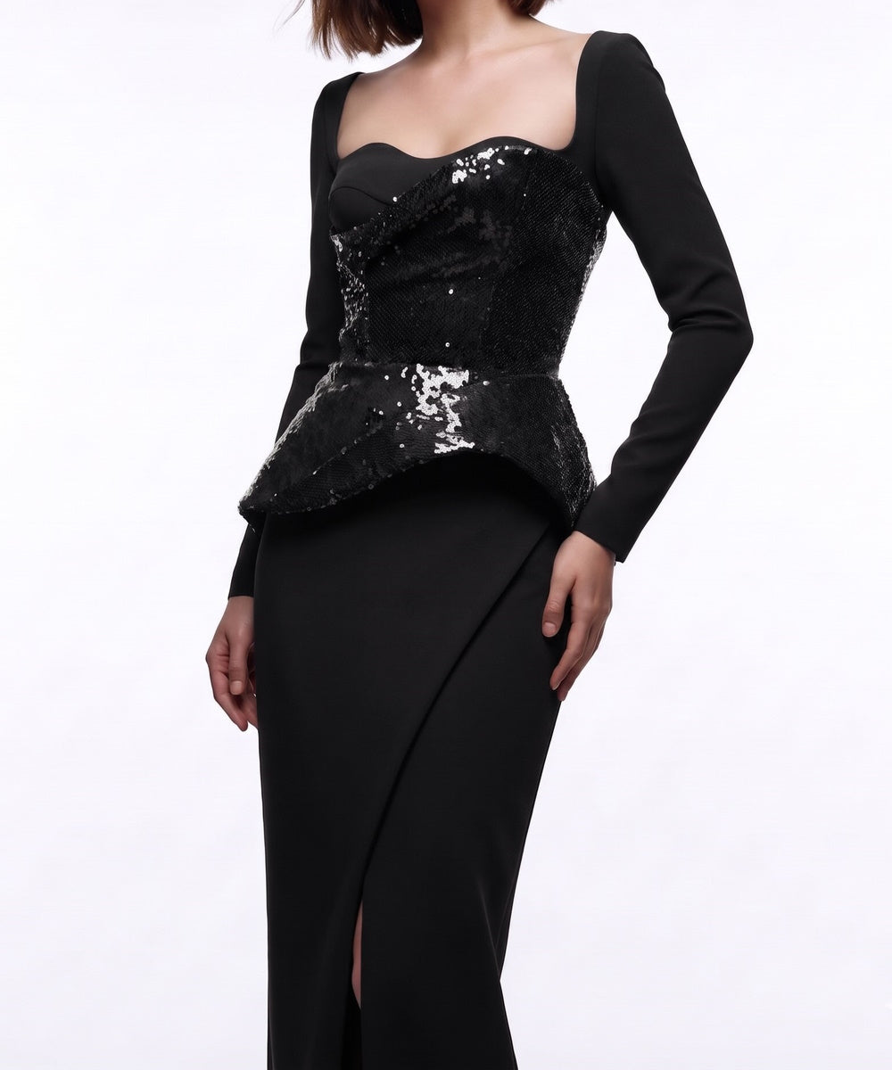 Long Sleeve Black Sequin Peplum Mermaid Evening Dress with High Slit