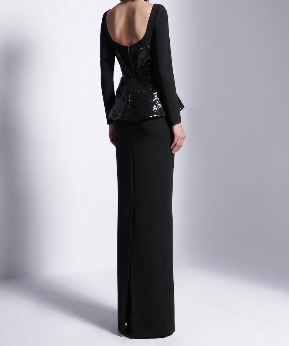 Long Sleeve Black Sequin Peplum Mermaid Evening Dress with High Slit