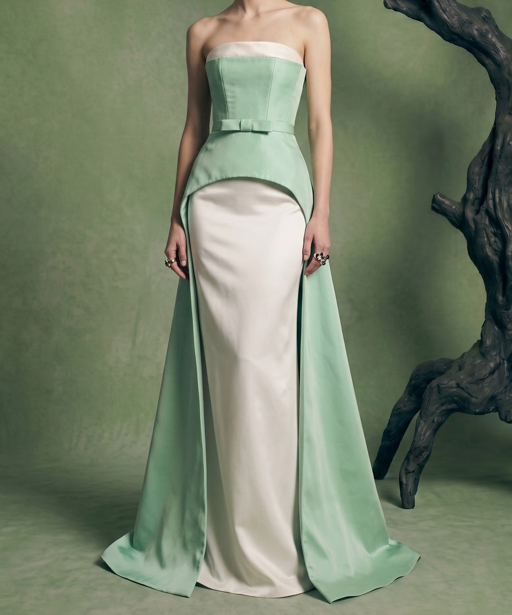 Strapless Mint Green & White Satin Mermaid Evening Gown with Bow Belt & Overskirt Train