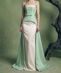 Strapless Mint Green & White Satin Mermaid Evening Gown with Bow Belt & Overskirt Train