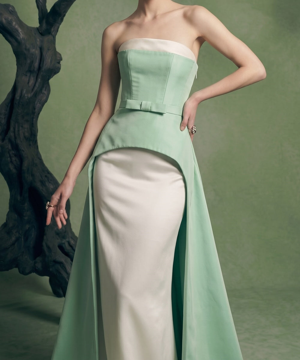 Strapless Mint Green & White Satin Mermaid Evening Gown with Bow Belt & Overskirt Train