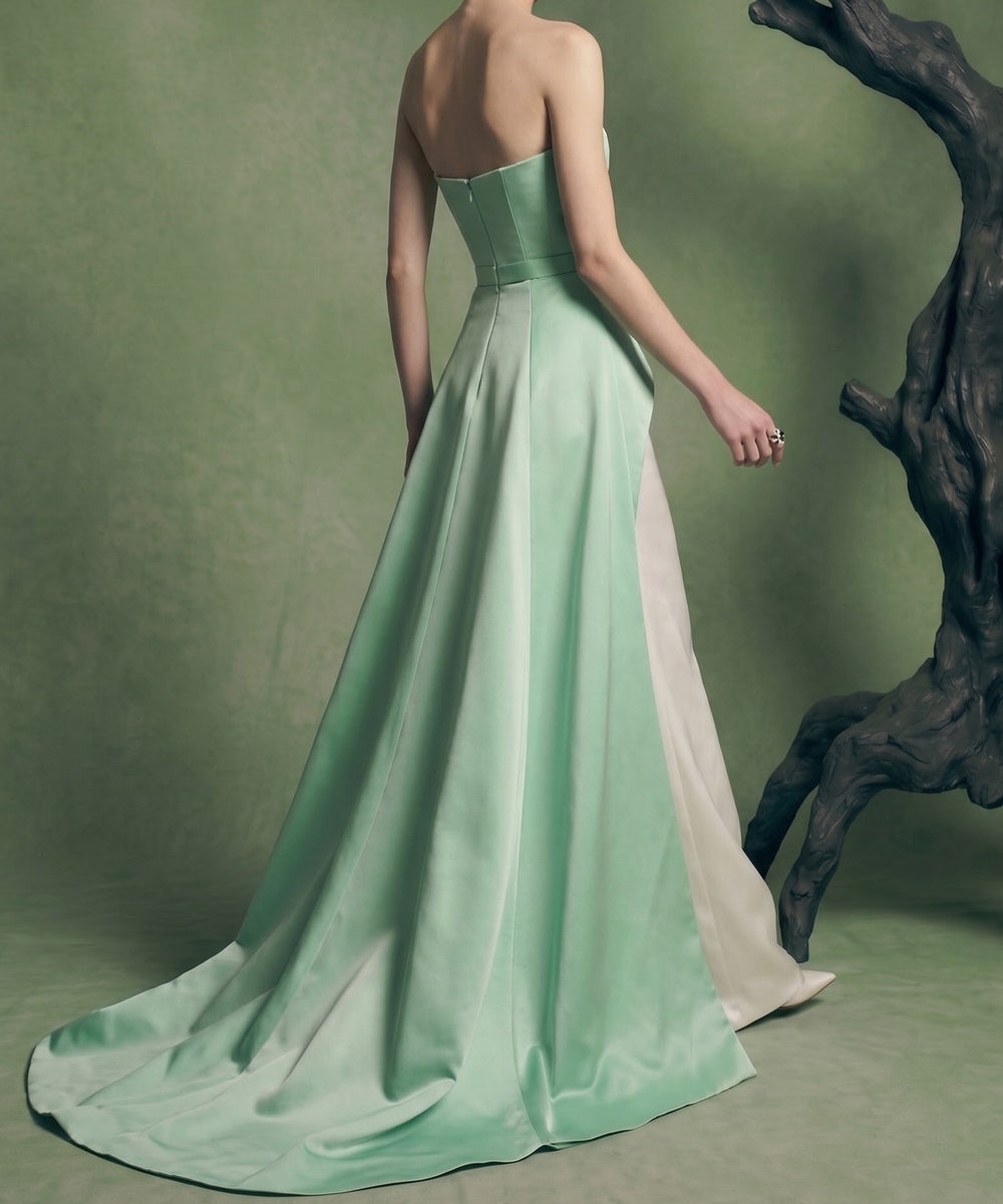 Strapless Mint Green & White Satin Mermaid Evening Gown with Bow Belt & Overskirt Train