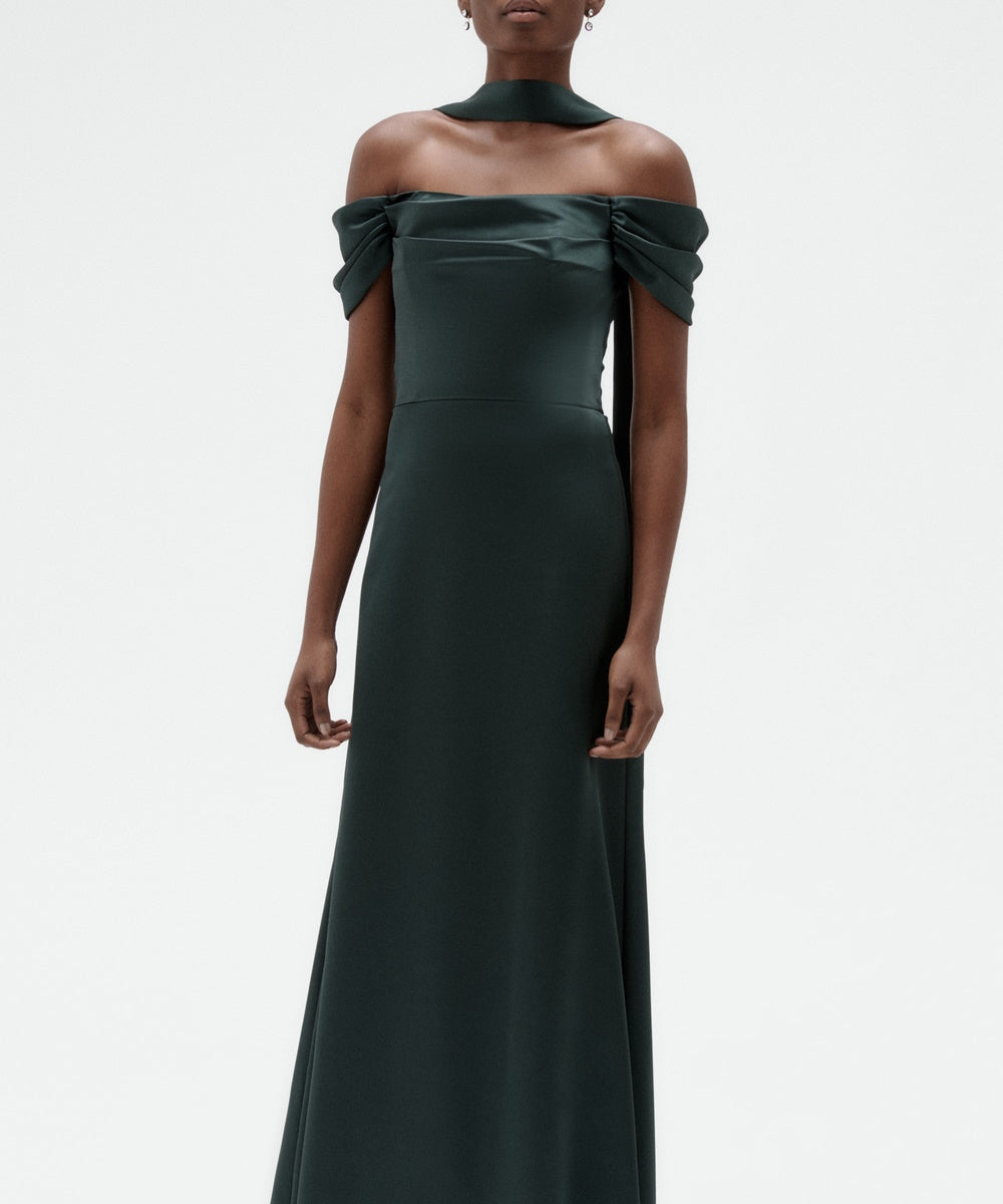 Dark Green Off‑the‑Shoulder Satin Mermaid Evening Gown With Neck Sash