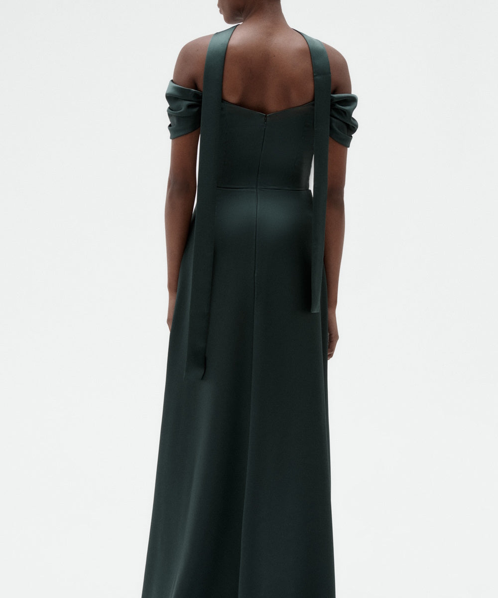 Dark Green Off‑the‑Shoulder Satin Mermaid Evening Gown With Neck Sash