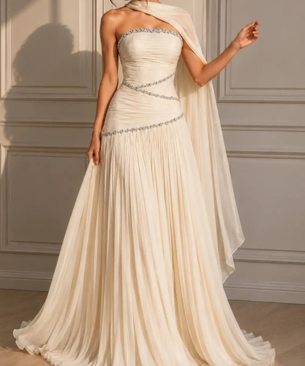 Strapless Rhinestone Ruched Chiffon Evening Gown with Shoulder Cape & Pleated Floor-Length Skirt