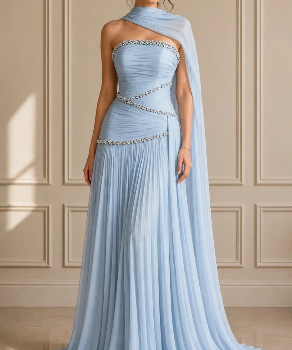Strapless Rhinestone Ruched Chiffon Evening Gown with Shoulder Cape & Pleated Floor-Length Skirt