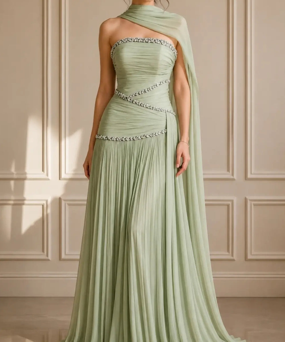 Strapless Rhinestone Ruched Chiffon Evening Gown with Shoulder Cape & Pleated Floor-Length Skirt